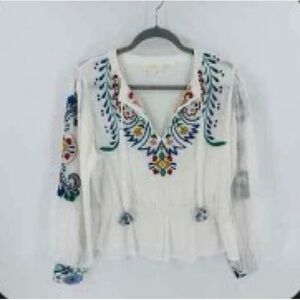 Anthropologie Forever That Girl White Long Sleeve Embroidered Blouse